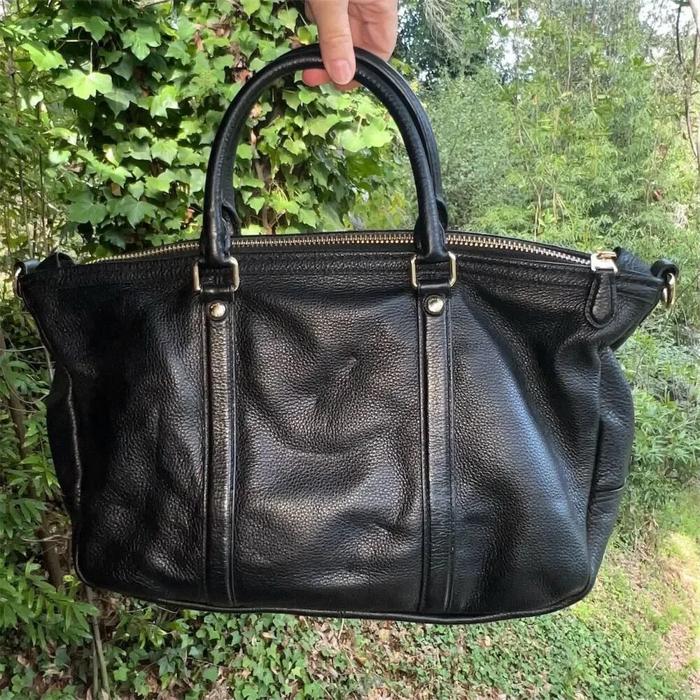 COACH Black Leather Satchel Shoulder Bag w Gold Hardware & Detachable Strap